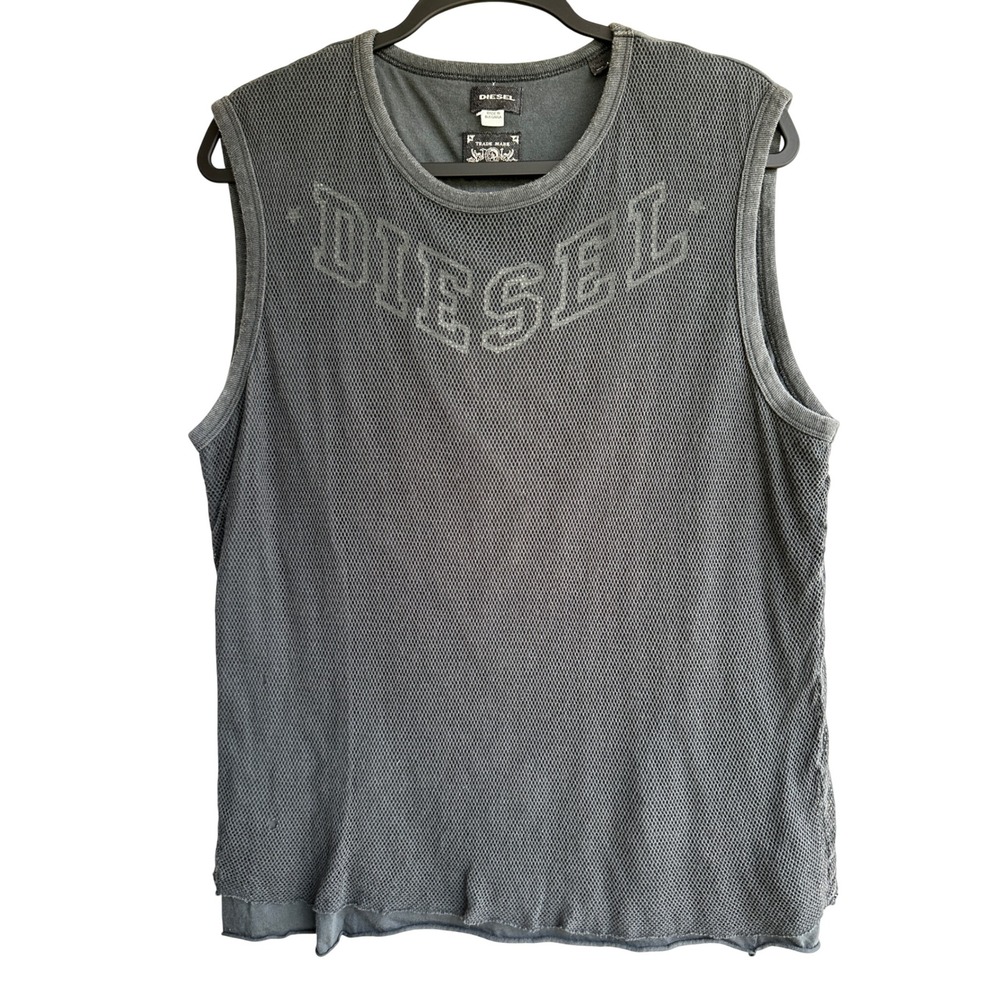 Diesel Y2K Sleeveless Mesh Logo Tank Top Charcoal Grey Size Medium Grunge